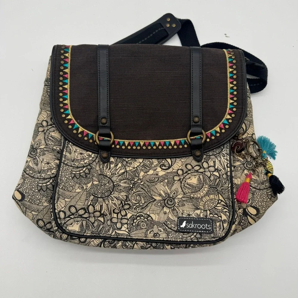 Sakroots Convertible Backpack Messenger Bag Floral Jute Canvas Boho 107009_CSJ